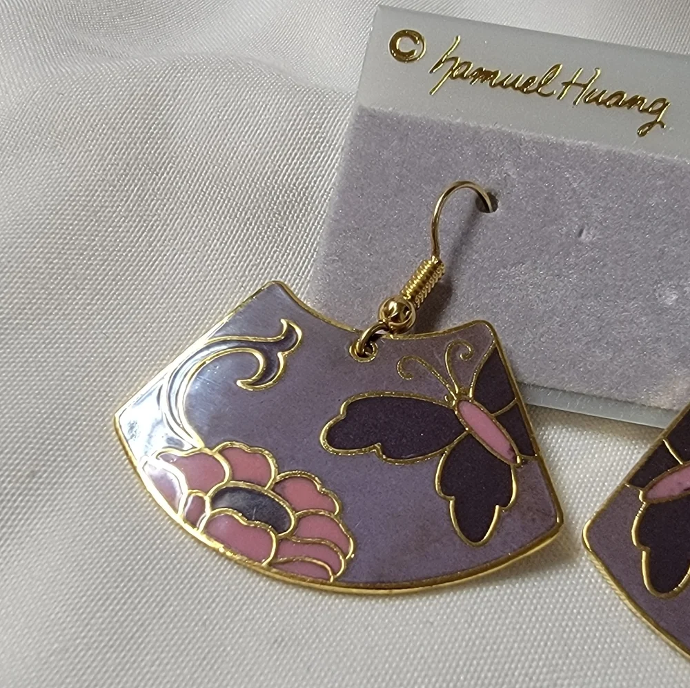 Vintage Samuel Huang Cloisonne Gold Filled Earrings Butterfly and flower